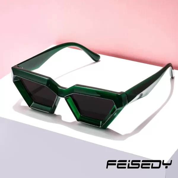FEISEDY Women Sunglasses Cateye Square Vintage Glasses for Men Thick Frame Polygon Sunnies B4079Green