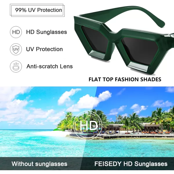 FEISEDY Women Sunglasses Cateye Square Vintage Glasses for Men Thick Frame Polygon Sunnies B4079Green
