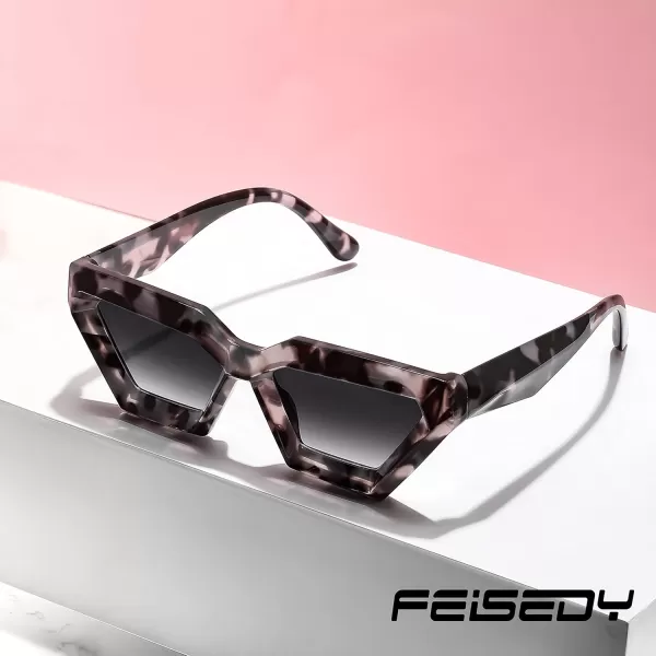 FEISEDY Women Sunglasses Cateye Square Vintage Glasses for Men Thick Frame Polygon Sunnies B4079Leopard FrameGradient Grey Lens