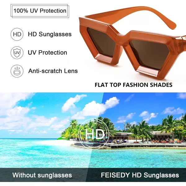 FEISEDY Women Sunglasses Cateye Square Vintage Glasses for Men Thick Frame Polygon Sunnies B4079Orange FrameTea Lens