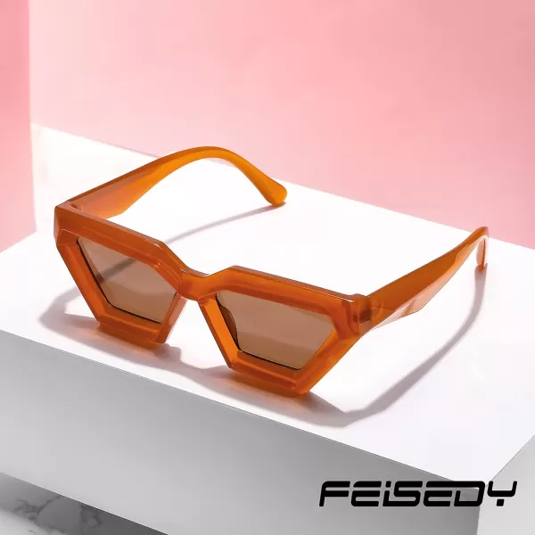 FEISEDY Women Sunglasses Cateye Square Vintage Glasses for Men Thick Frame Polygon Sunnies B4079Orange FrameTea Lens