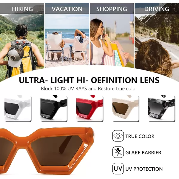 FEISEDY Women Sunglasses Cateye Square Vintage Glasses for Men Thick Frame Polygon Sunnies B4079Orange FrameTea Lens