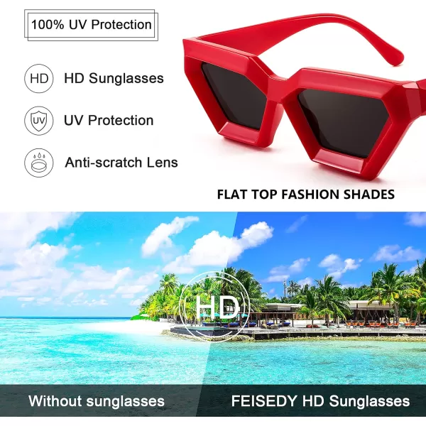 FEISEDY Women Sunglasses Cateye Square Vintage Glasses for Men Thick Frame Polygon Sunnies B4079Red FrameGrey Lens
