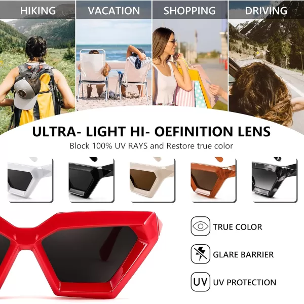 FEISEDY Women Sunglasses Cateye Square Vintage Glasses for Men Thick Frame Polygon Sunnies B4079Red FrameGrey Lens