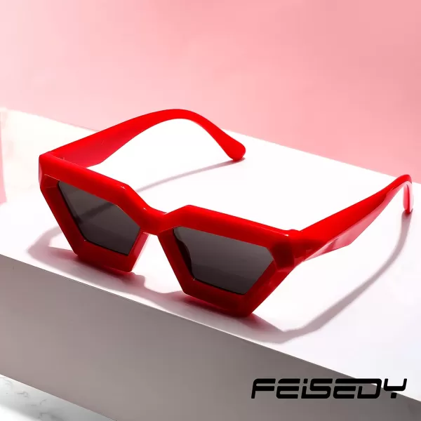 FEISEDY Women Sunglasses Cateye Square Vintage Glasses for Men Thick Frame Polygon Sunnies B4079Red FrameGrey Lens