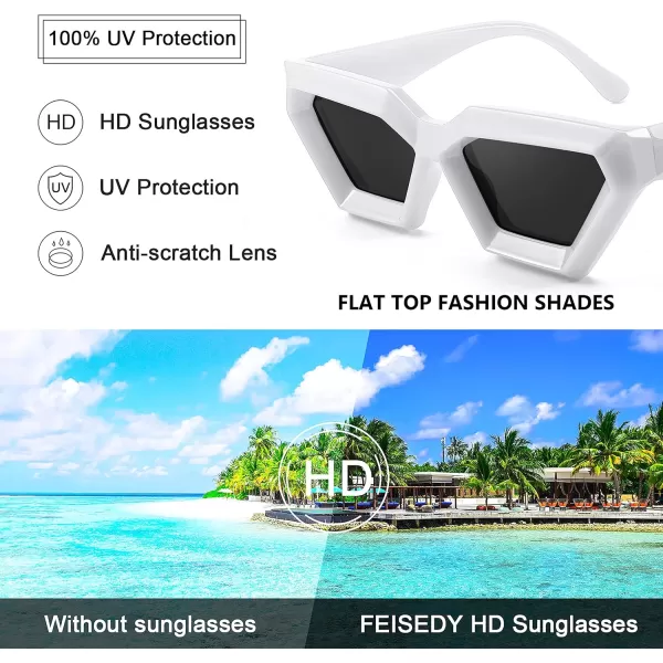 FEISEDY Women Sunglasses Cateye Square Vintage Glasses for Men Thick Frame Polygon Sunnies B4079White FrameGrey Lens