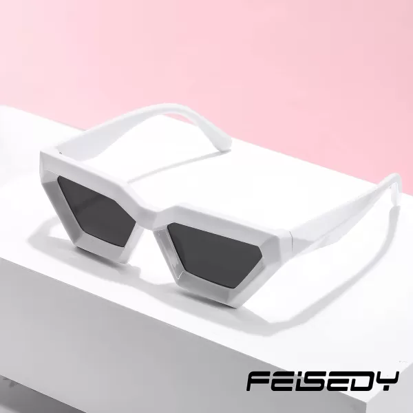 FEISEDY Women Sunglasses Cateye Square Vintage Glasses for Men Thick Frame Polygon Sunnies B4079White FrameGrey Lens
