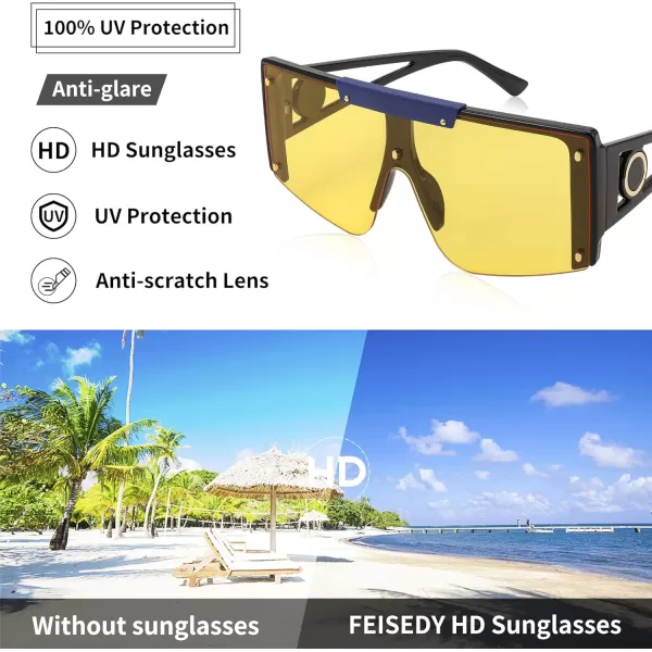 FEISEDY Women Sunglasses Oversized Square Flat Top Shield Shades for Men B4060Blac Blue Frame  Yellow Lens