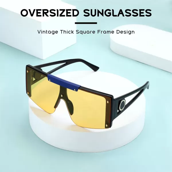 FEISEDY Women Sunglasses Oversized Square Flat Top Shield Shades for Men B4060Blac Blue Frame  Yellow Lens