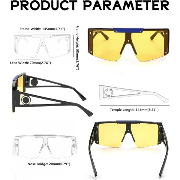 FEISEDY Women Sunglasses Oversized Square Flat Top Shield Shades for Men B4060Blac Blue Frame  Yellow Lens