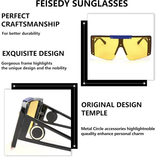 FEISEDY Women Sunglasses Oversized Square Flat Top Shield Shades for Men B4060Blac Blue Frame  Yellow Lens