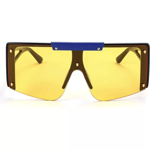 FEISEDY Women Sunglasses Oversized Square Flat Top Shield Shades for Men B4060Blac Blue Frame  Yellow Lens