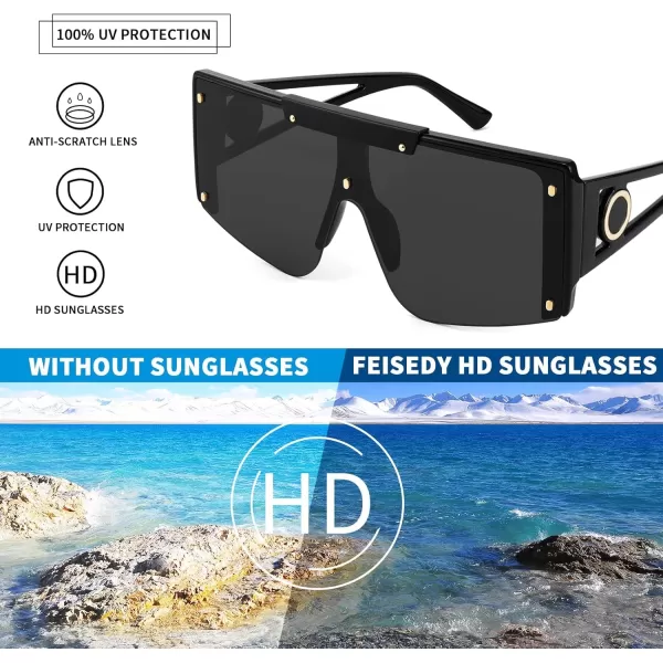FEISEDY Women Sunglasses Oversized Square Flat Top Shield Shades for Men B4060Black Frame  Grey Lens