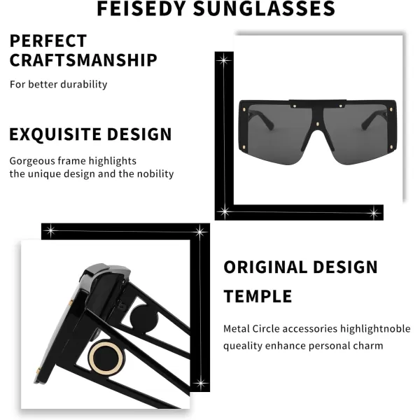 FEISEDY Women Sunglasses Oversized Square Flat Top Shield Shades for Men B4060Black Frame  Grey Lens