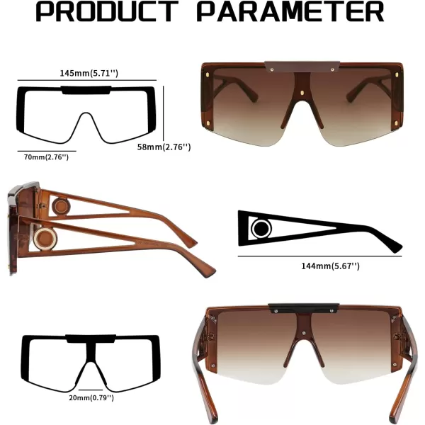 FEISEDY Women Sunglasses Oversized Square Flat Top Shield Shades for Men B4060Brown Frame  Gradual Tea Lens
