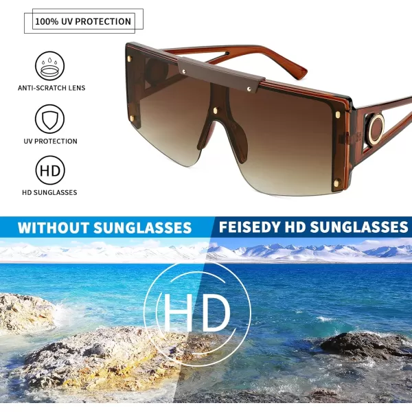FEISEDY Women Sunglasses Oversized Square Flat Top Shield Shades for Men B4060Brown Frame  Gradual Tea Lens
