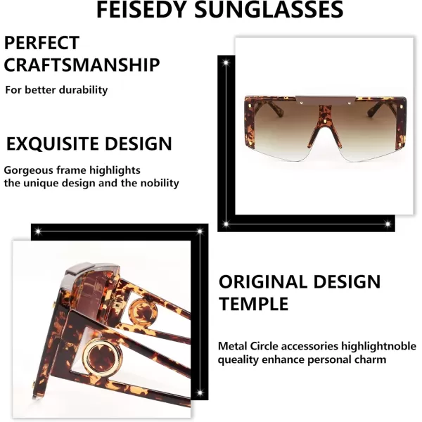 FEISEDY Women Sunglasses Oversized Square Flat Top Shield Shades for Men B4060Leopard Frame  Gradual Tea Lens