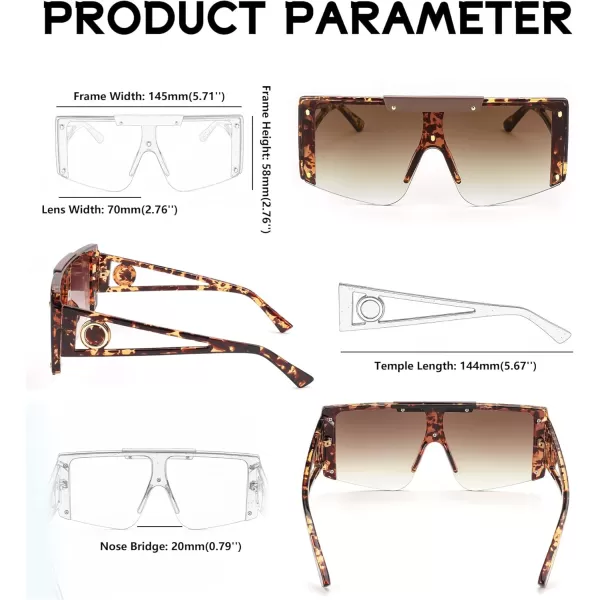 FEISEDY Women Sunglasses Oversized Square Flat Top Shield Shades for Men B4060Leopard Frame  Gradual Tea Lens