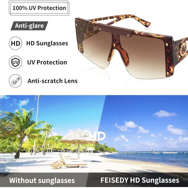 FEISEDY Women Sunglasses Oversized Square Flat Top Shield Shades for Men B4060Leopard Frame  Gradual Tea Lens