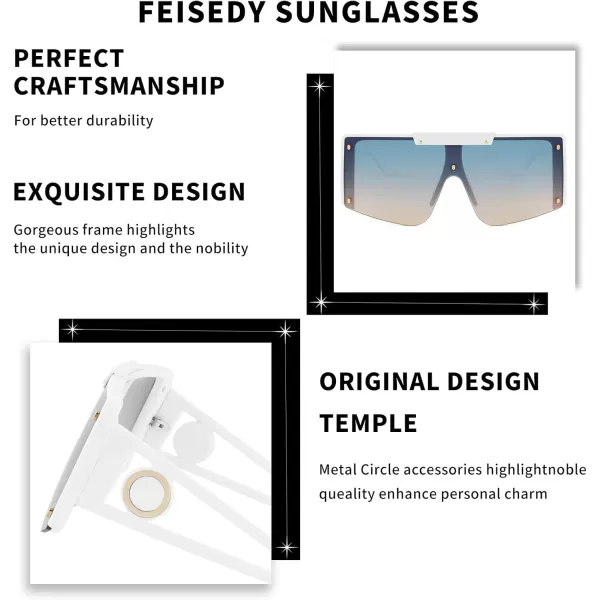 FEISEDY Women Sunglasses Oversized Square Flat Top Shield Shades for Men B4060White Frame  Blue Yellow Lens