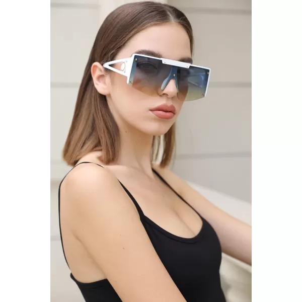 FEISEDY Women Sunglasses Oversized Square Flat Top Shield Shades for Men B4060White Frame  Blue Yellow Lens