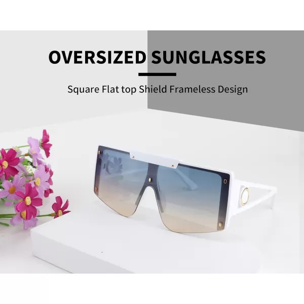 FEISEDY Women Sunglasses Oversized Square Flat Top Shield Shades for Men B4060White Frame  Blue Yellow Lens