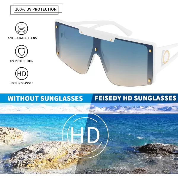 FEISEDY Women Sunglasses Oversized Square Flat Top Shield Shades for Men B4060White Frame  Blue Yellow Lens