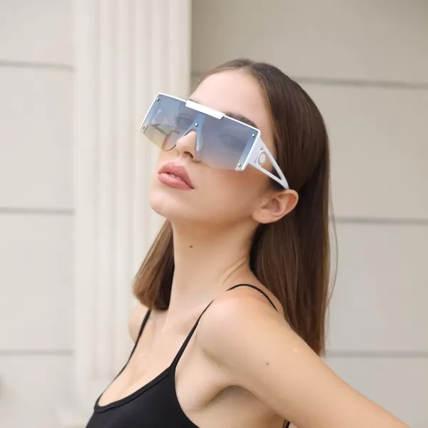 FEISEDY Women Sunglasses Oversized Square Flat Top Shield Shades for Men B4060White Frame  Blue Yellow Lens