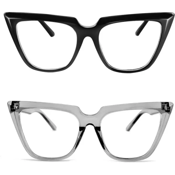 FEISEDY 2 PACK CHIC Cateye Blue Light Blocking Eyewear with Clear Lenses Large Frame Women B2619F2Blackgrey