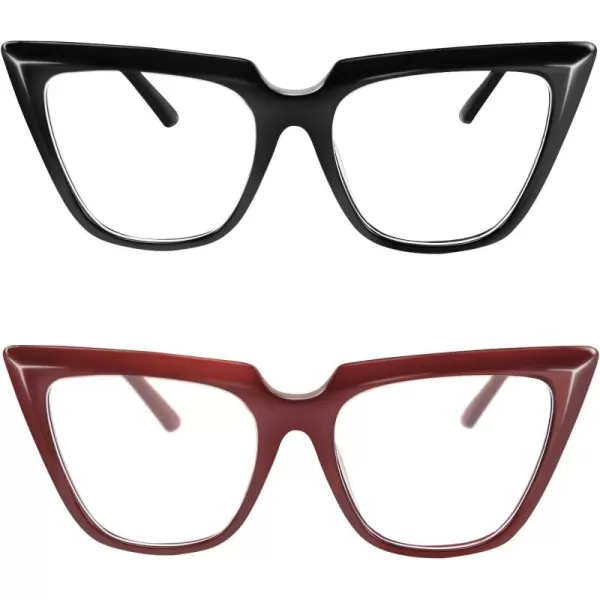 FEISEDY 2 PACK CHIC Cateye Blue Light Blocking Eyewear with Clear Lenses Large Frame Women B2619F2Blackwine