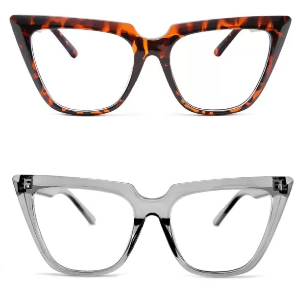 FEISEDY 2 PACK CHIC Cateye Blue Light Blocking Eyewear with Clear Lenses Large Frame Women B2619F2Leopardgrey