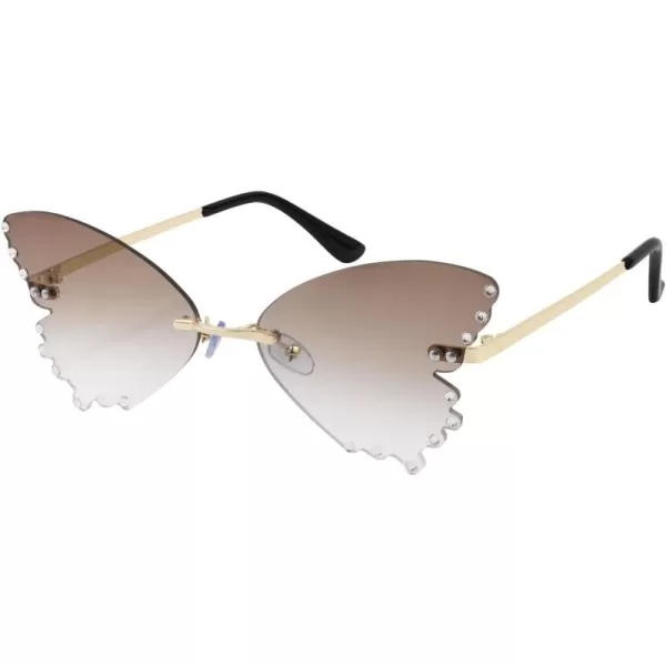 FEISEDY Butterfly Rimless Sunglasses for Women Fashion Metal Frame Sunglasses B4065Gradual Brown
