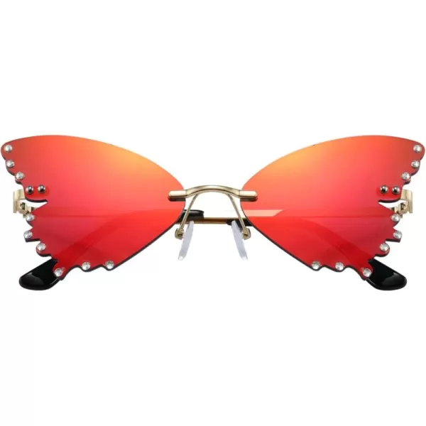 FEISEDY Butterfly Rimless Sunglasses for Women Fashion Metal Frame Sunglasses B4065Red Mirror