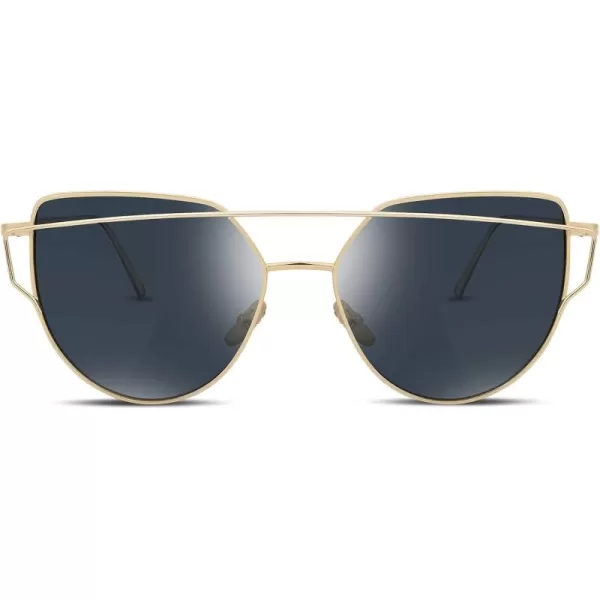 FEISEDY Cat Eye Fashion Metal Frame Mirrored Flat Lenses Women Sunglasses B220605 Gold Frame Grey Lens