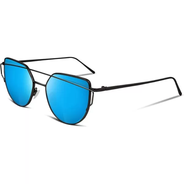 FEISEDY Cat Eye Fashion Metal Frame Mirrored Flat Lenses Women Sunglasses B220607 Black Frame Blue Mirror Lens