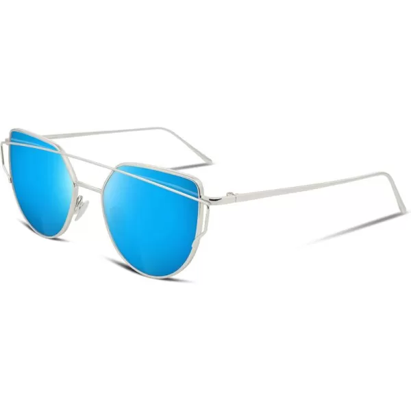 FEISEDY Cat Eye Fashion Metal Frame Mirrored Flat Lenses Women Sunglasses B220608 Silver Frame Blue Mirror Lens