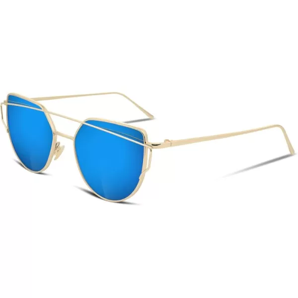 FEISEDY Cat Eye Fashion Metal Frame Mirrored Flat Lenses Women Sunglasses B220609 Gold Frame Blue Mirror Lens