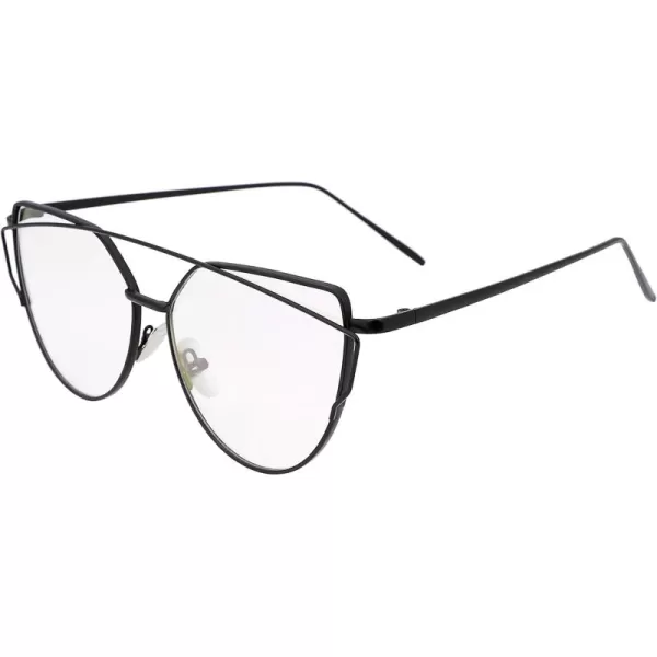 FEISEDY Cat Eye Fashion Metal Frame Mirrored Flat Lenses Women Sunglasses B220610 Black Frame Transparent Lens