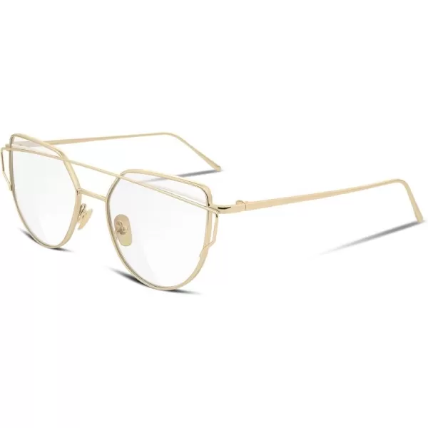 FEISEDY Cat Eye Fashion Metal Frame Mirrored Flat Lenses Women Sunglasses B220611 Gold Frame Transparent Lens