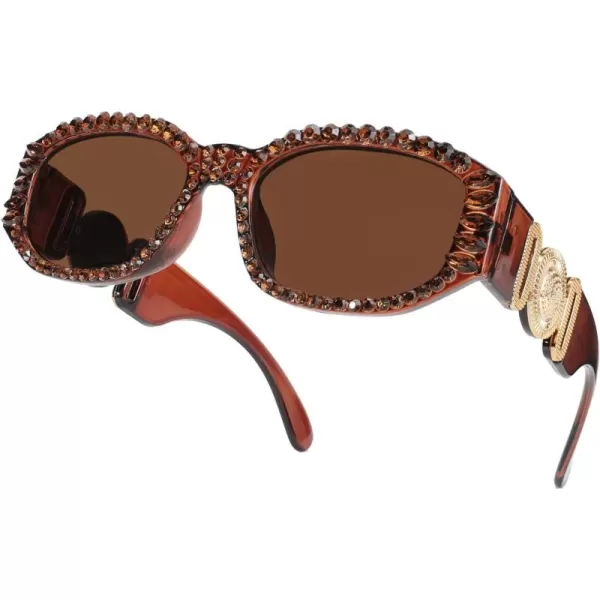 FEISEDY Chunky Rectangle 90s Sunglasses Men Women Crystal Sunglasses UV400 Sparkling Fahion Temple B2880004 Brown Frame With Brown Crystals