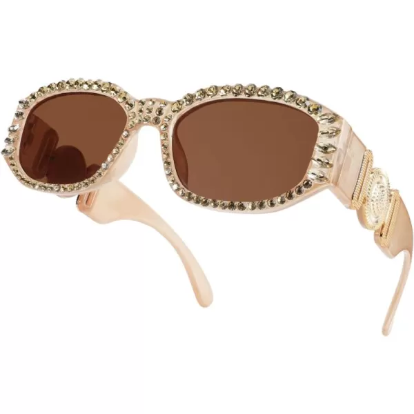 FEISEDY Chunky Rectangle 90s Sunglasses Men Women Crystal Sunglasses UV400 Sparkling Fahion Temple B2880005 Champagne Frame With Citrine Crystals