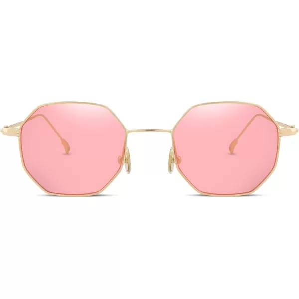 FEISEDY Hipster Small Polygon Women Men Sunglasses Delicate Metal Frame B2254Golden Frame Pink Lens