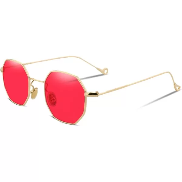 FEISEDY Hipster Small Polygon Women Men Sunglasses Delicate Metal Frame B2254Golden Frame Red Lens