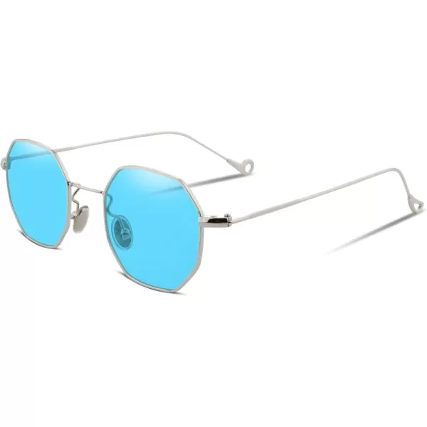 FEISEDY Hipster Small Polygon Women Men Sunglasses Delicate Metal Frame B2254Silver Frame Blue Lens