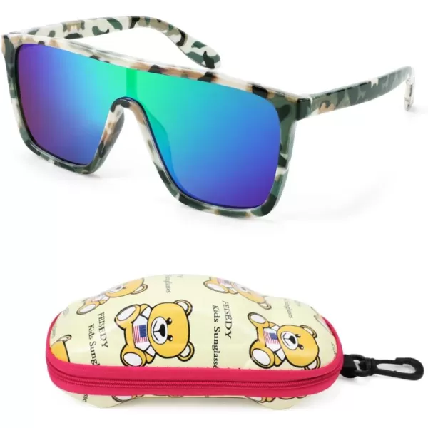 FEISEDY Kids Sunglasses for Girls Fashion Cute Boys Teenagers Glasses One Piece UV400 B2812Camouflage Frame  Green Mirror Lens
