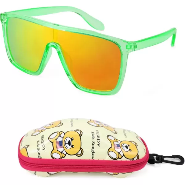 FEISEDY Kids Sunglasses for Girls Fashion Cute Boys Teenagers Glasses One Piece UV400 B2812Transparent Green Frame  Red Mirror Lens
