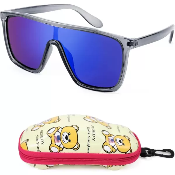 FEISEDY Kids Sunglasses for Girls Fashion Cute Boys Teenagers Glasses One Piece UV400 B2812Transparent Grey Frame  Blue Mirror Lens