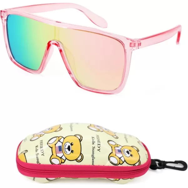 FEISEDY Kids Sunglasses for Girls Fashion Cute Boys Teenagers Glasses One Piece UV400 B2812Transparent Pink Frame  Pink Mirror Lens