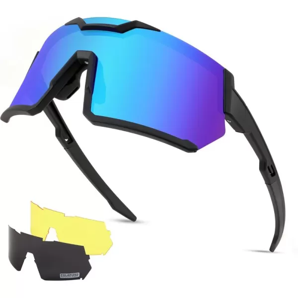 FEISEDY Men Women Cycling Sunglasses with 3 Interchangeable Lenses TR90 Sports Glasses Baseball for Youth Teens B4138Black FrameBlue Mirror
