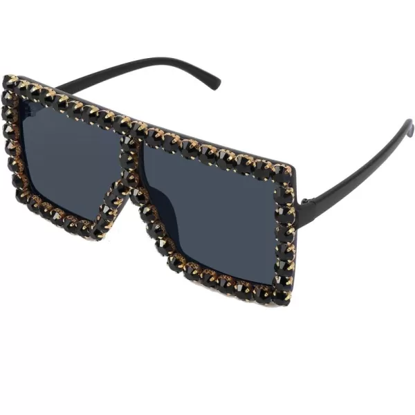 FEISEDY Oversized Sparkling Crystal Sunglasses Disco Diamond Flat Top Fashion Square Large Shades B2782001 Black Diamond  Dark Grey Lens